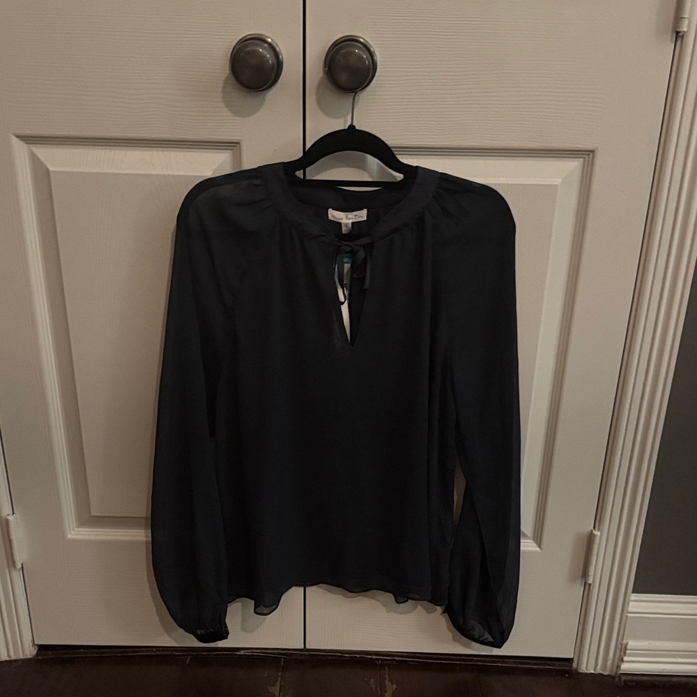 Nine Britton Elegant navy Blouse with Tie Neck